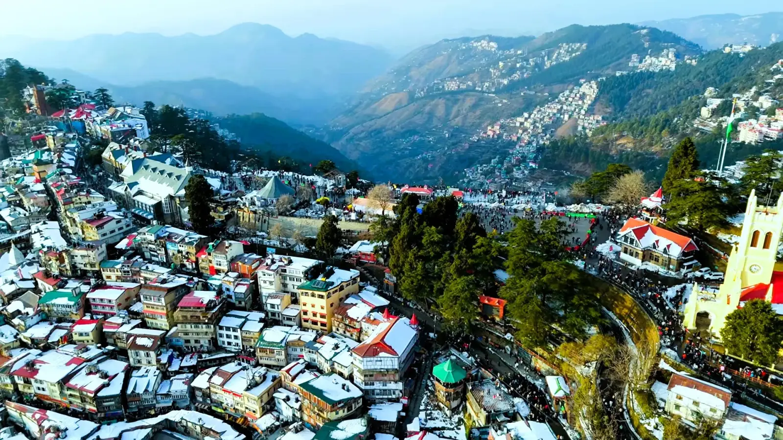 Aerial view of snow-dusted Shimla town and Christ Church on the Ridge