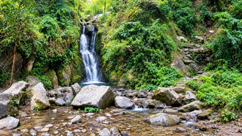 Satdhara Falls cascading into a rocky stream in green forest near Dalhousie
