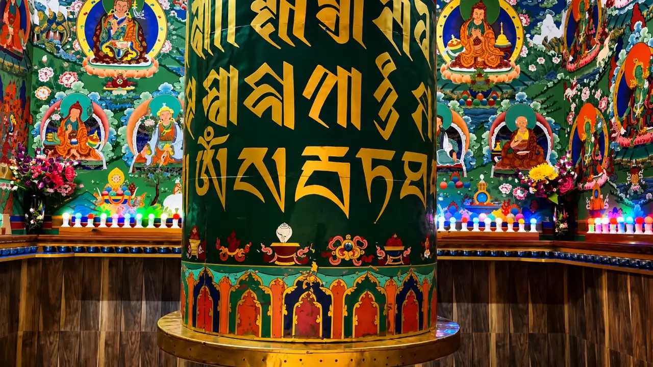 Painted Tibetan prayer wheel with Buddhist murals in McLeod Ganj