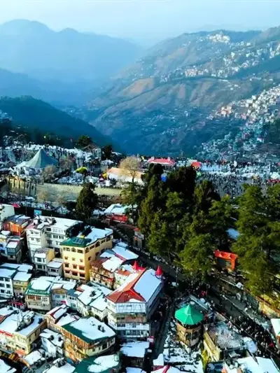 Aerial view of snow-dusted Shimla town on the hills