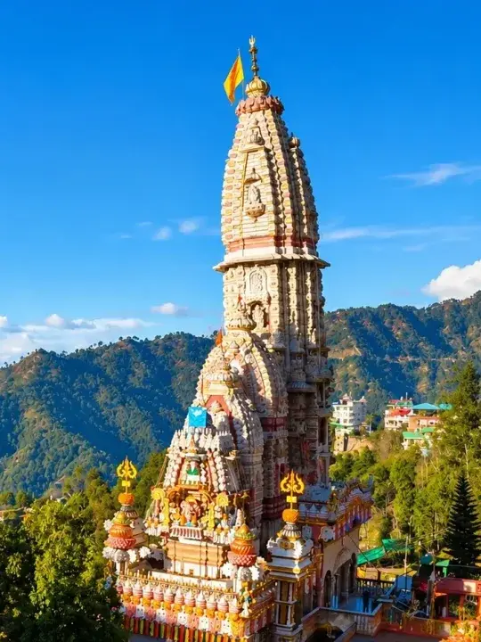 Carved spire of Jatoli Shiv Temple against a blue sky in Solan
