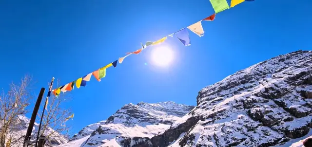 Colourful prayer flags over snowy peaks near Kufri