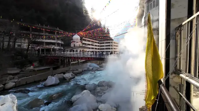 Steam from the hot springs rising near Manikaran Sahib Gurudwara by the Parvati river