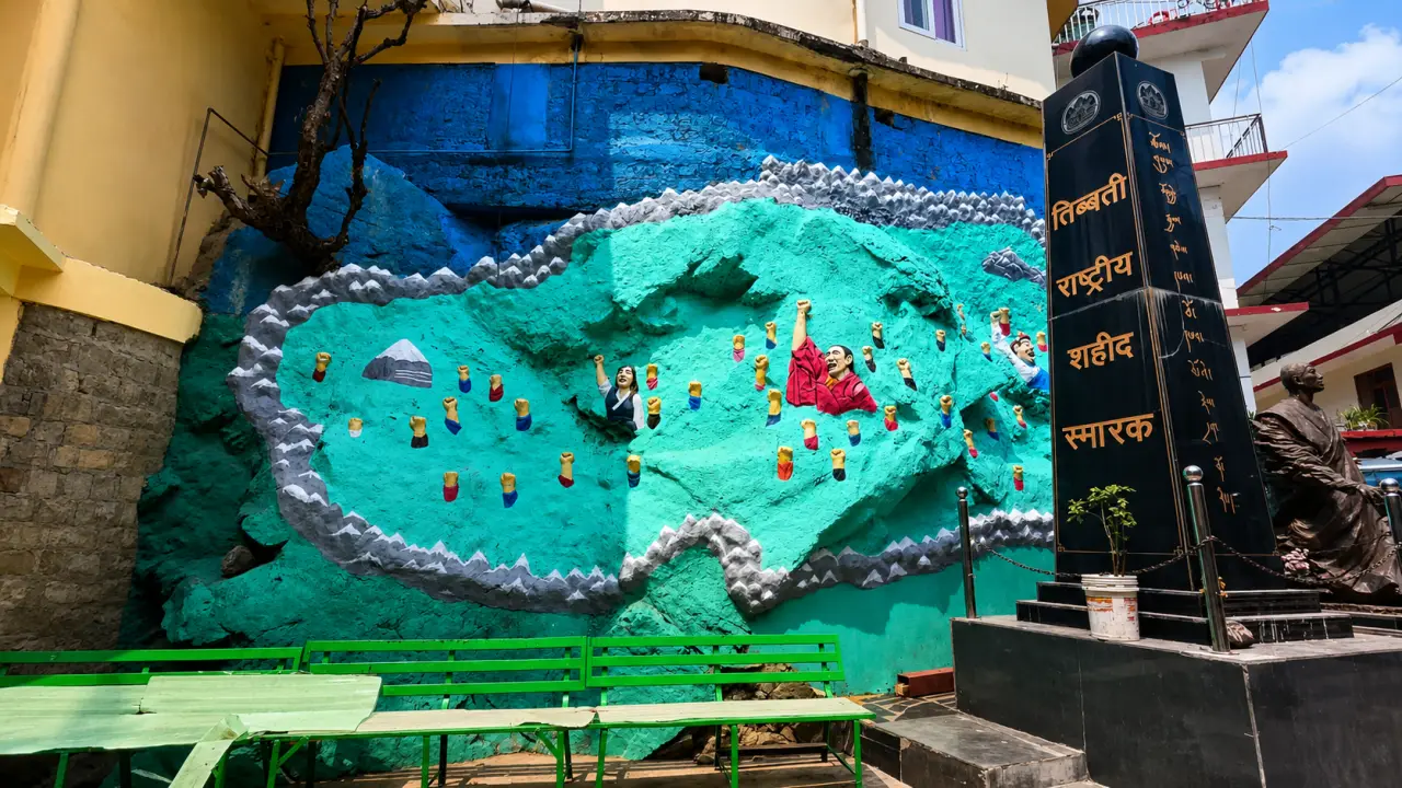 Tibetan Martyrs Memorial with a painted map of Tibet in McLeod Ganj