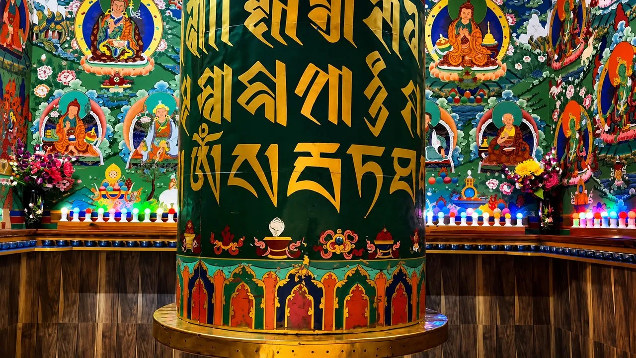 Painted Tibetan prayer wheel in McLeod Ganj