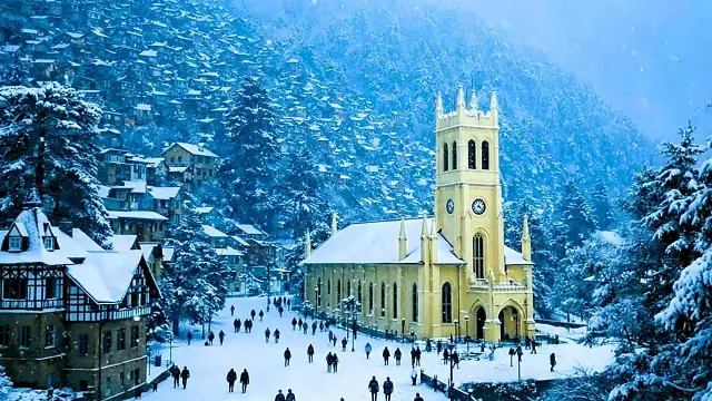 Christ Church and the Ridge in Shimla covered in winter snow