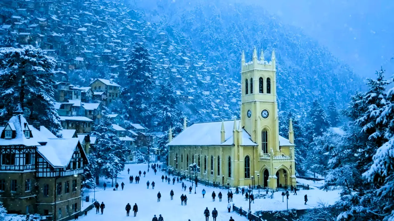 Christ Church and the Ridge in Shimla covered in winter snow