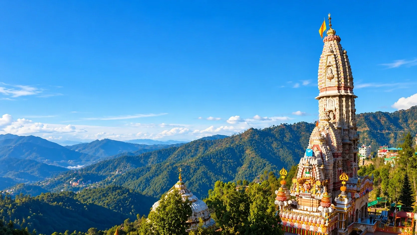 Tall carved spire of Jatoli Shiv Temple above the green hills of Solan
